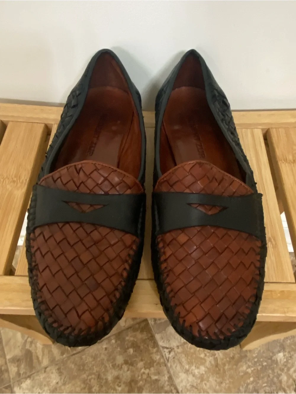 Robert Zur Men’s 10.5 D Woven Leather Penny Loafers Black Brown Two Tone